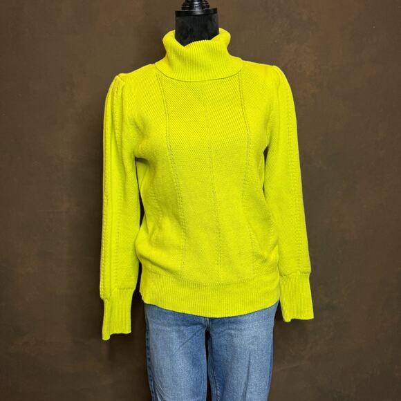 LOFT 100% Cotton Turtleneck Sweater Women’s M Neon Yellow Chunky Knit Bright - Picture 1 of 9